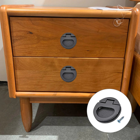 Zinc Alloy Flush Ring Pull Handle 43.5mm 1.71 Inch with screws in black on wooden drawer ideal for cabinet or sliding door use