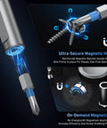 Magnetic function of Go To All In One 74 In 1 Magnetic Ratchet Screwdriver Set showing S2 steel bit and on-demand magnetizer.