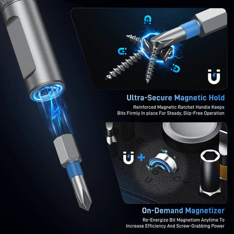 Magnetic function of Go To All In One 74 In 1 Magnetic Ratchet Screwdriver Set showing S2 steel bit and on-demand magnetizer.