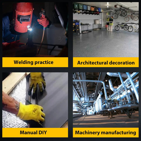 Collage of welding practice, architectural decoration, manual DIY, and machinery manufacturing scenes.