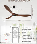 Diagram of 60-Inch Indoor Outdoor Ceiling Fan With Remote Control Noiseless DC Motor 3 Downrods Walnut Look 3 Plastic Blades