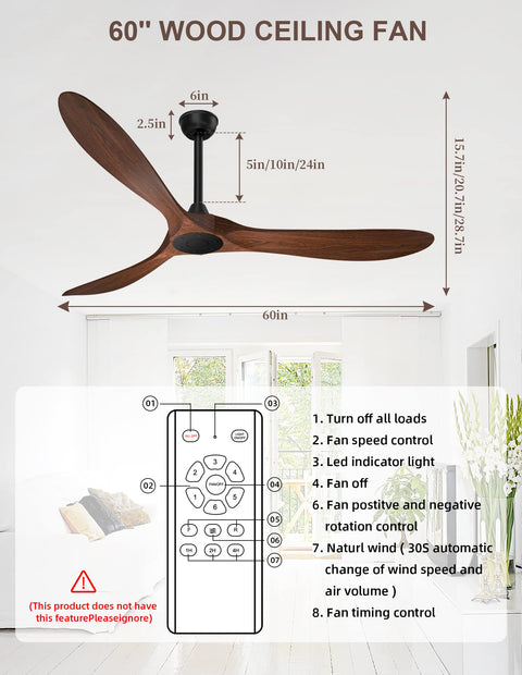 Diagram of 60-Inch Indoor Outdoor Ceiling Fan With Remote Control Noiseless DC Motor 3 Downrods Walnut Look 3 Plastic Blades