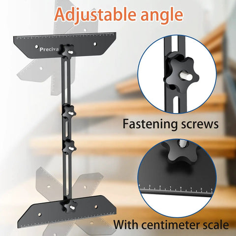 Stair Tread Template Tool For DIY Projects with adjustable angle feature, showcasing fastening screws and centimeter scale detail.