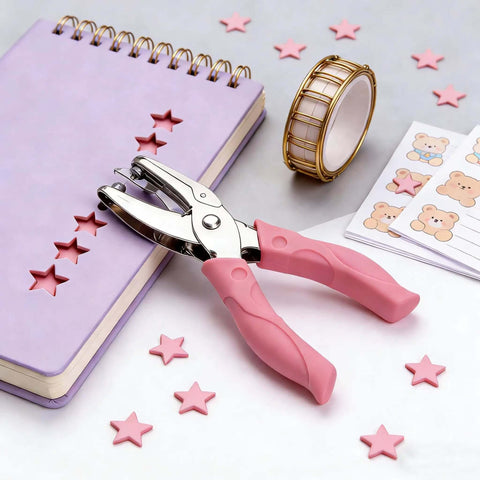 Two Pack Handheld Heart And Star Shape Hole Punches With Ergonomic Soft Grip, 5mm Star And 5.5mm Heart Puncher, pink handle on notebook
