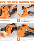 Beefy Pro Grade PVC Pipe Cutter, Aluminum Ratchet Tool That Cuts Up To 2.5 Inches, cutting instructions in four-step guide.