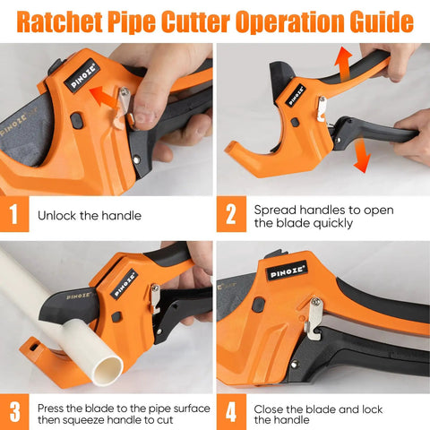 Beefy Pro Grade PVC Pipe Cutter, Aluminum Ratchet Tool That Cuts Up To 2.5 Inches, cutting instructions in four-step guide.
