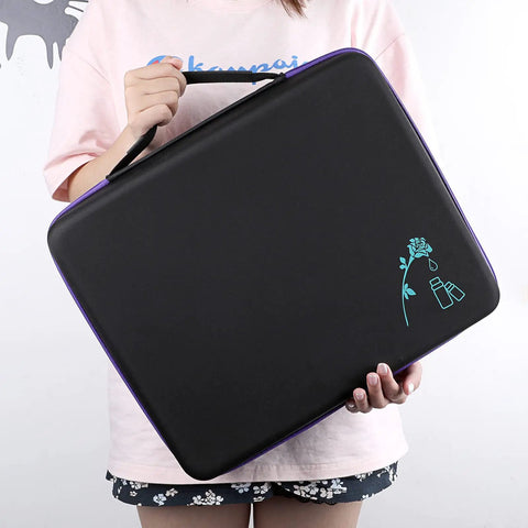 Person holding 120 Bottle EVA Essential Oil Storage Case With Foam Insert Hard Shell Travel Organizer Bag For 5ml 10ml 15ml Bottles Large Extra Large Capacity Durable Black And Purple Carrying Case.