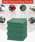 Stack of green multi-purpose shop towels for garage, workshop, gardening, grease cleanup, oil changing, and autoshop