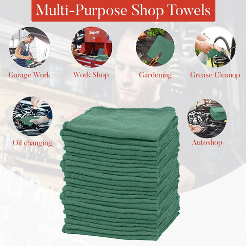 Stack of green multi-purpose shop towels for garage, workshop, gardening, grease cleanup, oil changing, and autoshop