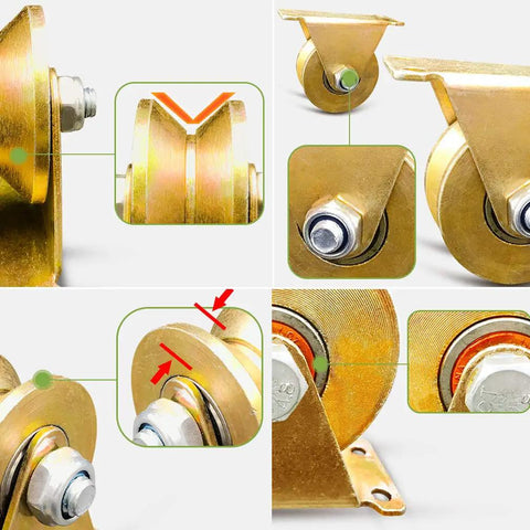 Rock Solid 4 Pack Beast Mode Heavy Duty V Groove Caster Wheels With Steel Sheave showing close-up views of rollers and mounting brackets.