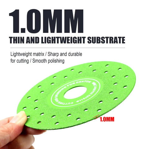 Ultra Thin Diamond Grinding Discs 4.5 Inch Set For Ceramic Glass Marble Granite, showing 1.0mm thin green disc in hand