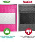 Comparison of hot pink and gray bubble mailers with text 'Our' and 'Other' demonstrating thicker bubbles vs thin bubbles