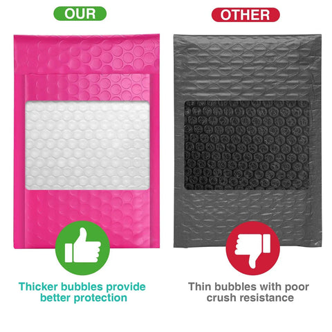 Comparison of hot pink and gray bubble mailers with text 'Our' and 'Other' demonstrating thicker bubbles vs thin bubbles