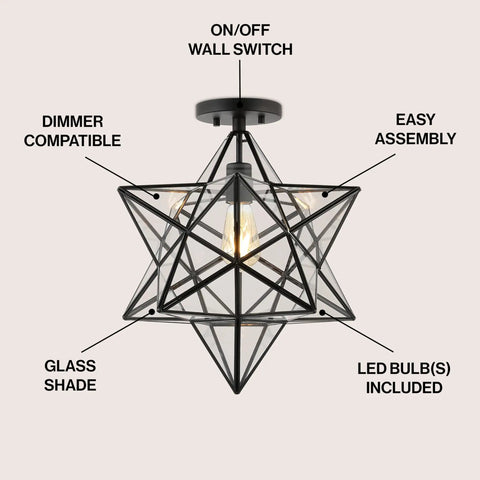 Black 14.5 Inch Moravian Star Ceiling Light 1 Light Semi Flush Mount Iron And Glass Farmhouse Boho Lantern For Hallway And Bedroom UL Listed LED Bulb Included, showing glass shade and assembly details.