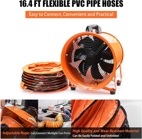 Heavy Duty High Velocity 10 Inch Portable Utility Blower Fan with 16.4ft Flexible PVC Hose for Industrial Use