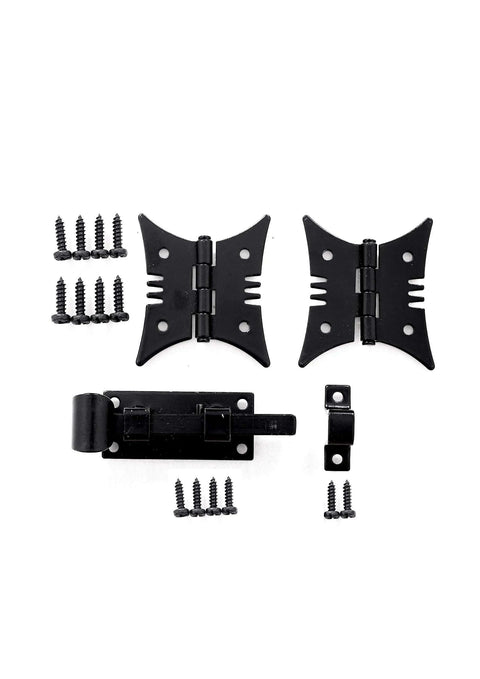 Rustic Speak Easy Door Latch And Decorative Hinge Kit With One Latch, Two Butterfly Hinges And Twelve Black Mounting Screws