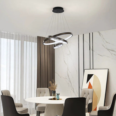 Dining room with Three Ring Modern LED Pendant Light Dimmable Contemporary Chandelier In Black Acrylic 76W Hanging Fixture