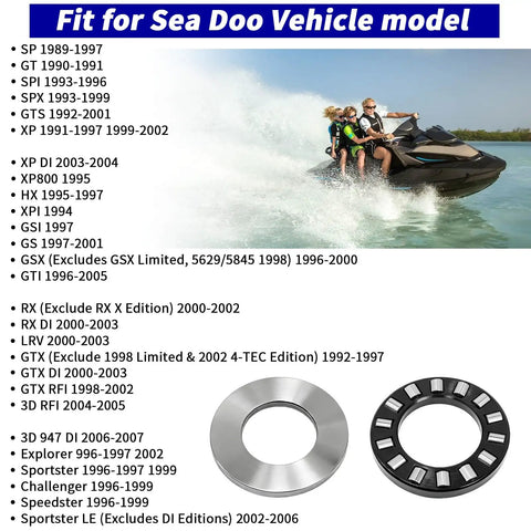 Jet Pump Bearing and Seal Kit For Sea Doo GTI GTS SP GTX XP HX XPI GSI GS RX LRV 3D Explorer Sportster Challenger Speedster Replacement and compatible models list with seaworthy watercraft image