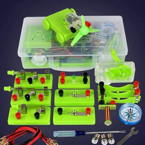 Hands On Wind Turbine And Electromagnet Lab Kit showing components, circuits, and tools for STEM exploration in a clear box