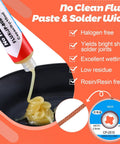 Close-up of 6 Pcs 10Ml No Clean Solder Flux Paste flowing from tube, with 1.5-meter solder wick braid image inset.