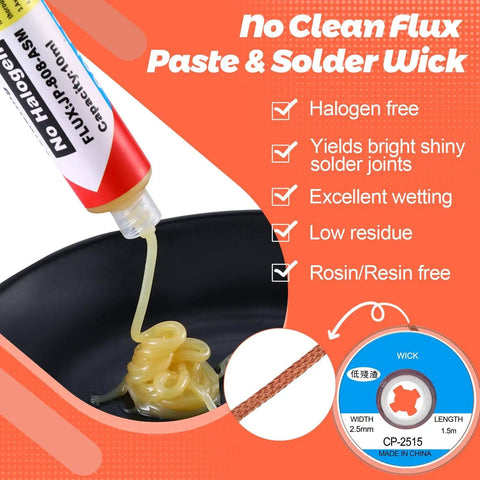 Close-up of 6 Pcs 10Ml No Clean Solder Flux Paste flowing from tube, with 1.5-meter solder wick braid image inset.