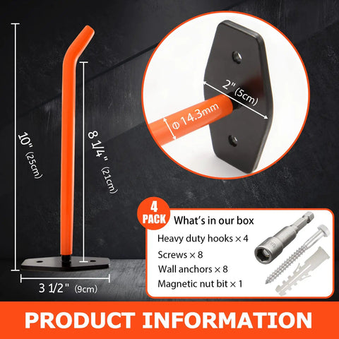Heavy Duty Garage Hooks 4 Pack Wall Mount Tire Storage System With Anti Slip Coating Holds Up To 88 Lbs with dimensions and accessories.