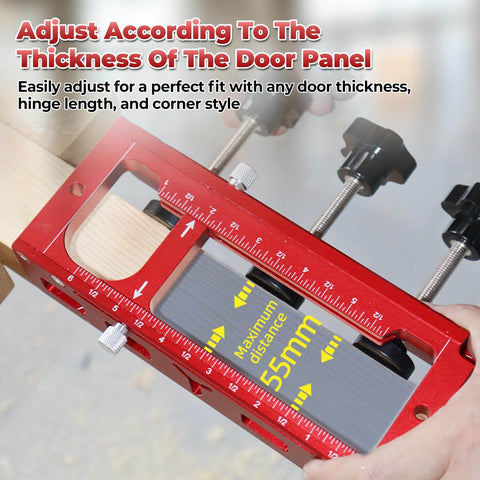 Close-up of Adjustable Aluminum Door Hinge Mortise Jig Kit With Dual Clamps for precise hinge positioning, showing scale measurement.