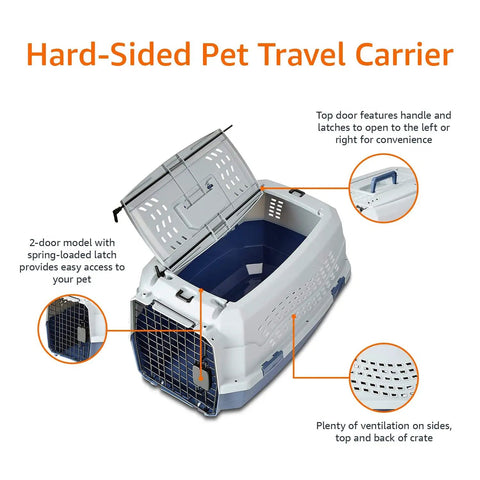 Pack Up Your Pooches For Vacation In This Road Ready Hard Sided Pet Carrier For Medium Puppies And Cats Featuring Front Top Entry Doors Heavy Duty Plastic Shell Secure Crossflow Ventilation And Grip Handle