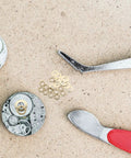 Quartz Clock Mechanism Parts Kit With Nuts And Washers, 20 Sets For DIY Clock Repair, Replacement Clock Movements, Easy Install For Quick Fixes, Includes Nut And Washer Hardware For Secure, Long Lasting Clock Repair; parts laid out