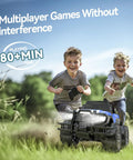 Two kids playing with 1 18 Scale RC Off Road Monster Truck With 2.4Ghz Radio, 80 Minute Playtime, LED Lights, outdoor scene.