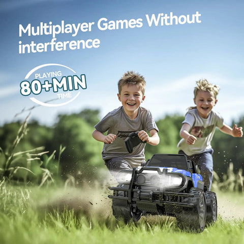 Two kids playing with 1 18 Scale RC Off Road Monster Truck With 2.4Ghz Radio, 80 Minute Playtime, LED Lights, outdoor scene.