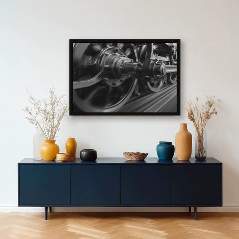 Steam Locomotive Wheels Canvas Poster Wall Art In Black And White, High Resolution Train Print for Living Room, Framed