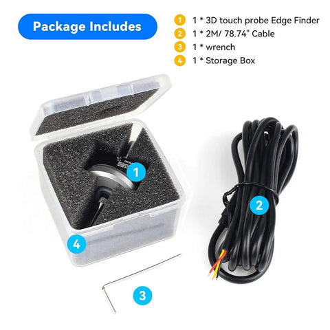 CNC 3D Touch Probe Edge Finder For Mach3 And GRBL CNC Routers shown with 2M cable, 6mm shank, wrench, and storage box