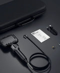 Dual Lens Articulating Borescope With Two Way Endoscope Camera And Light Quarter Inch Flexible Articulated Probe Waterproof Fiber Optic Scope For Automotive And Home Inspections Pro Grade HVAC And Engine Diagnostics Five Point Three Ft shown with accessories.