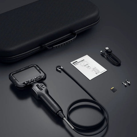 Dual Lens Articulating Borescope With Two Way Endoscope Camera And Light Quarter Inch Flexible Articulated Probe Waterproof Fiber Optic Scope For Automotive And Home Inspections Pro Grade HVAC And Engine Diagnostics Five Point Three Ft shown with accessories.