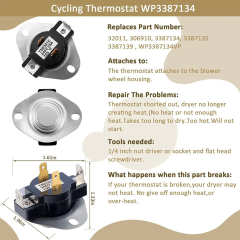 Cycling thermostat WP3387134 with measurements and repair instructions for dryer repair kit replaces 306910, 3387135, 3387139.