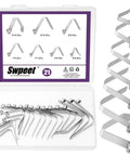 21 Piece Stainless Steel V Shaped Push Button Spring Clips Set In 7 Sizes For Tent Poles Kayak Paddles Umbrellas And Camping Gear Grab-And-Go Storage Case Included Durable Silver Lock Tube Clips, displayed in storage case and arranged by size beside the case.