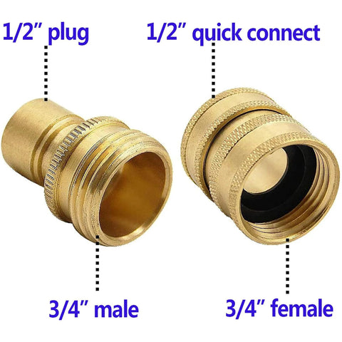 Brass pressure washer quick-connect adapters; 1/2 in plug/quick connect and 3/4 in male/female ends (pair)