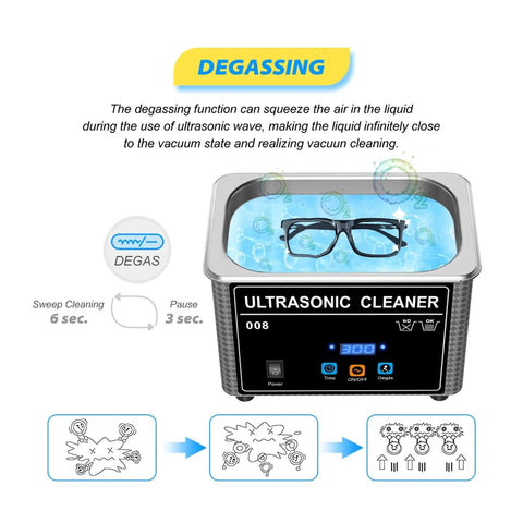 800ml Ultrasonic Cleaner Machine With Heating Function And Digital LED Timer For Jewelry Glasses Dental Parts Manicure Tools And Precision Items Efficient Deep Cleaning Bath For Home Use showing degassing function with glasses in water.