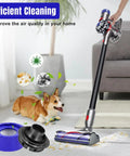 Motor Rear Cover And Rear Filter Kit For V7 And V8 Vacuum Cleaners shown with vacuum in living room with dog and debris.