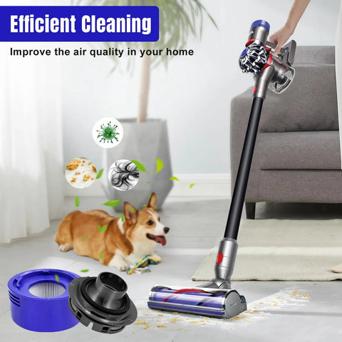 Motor Rear Cover And Rear Filter Kit For V7 And V8 Vacuum Cleaners shown with vacuum in living room with dog and debris.