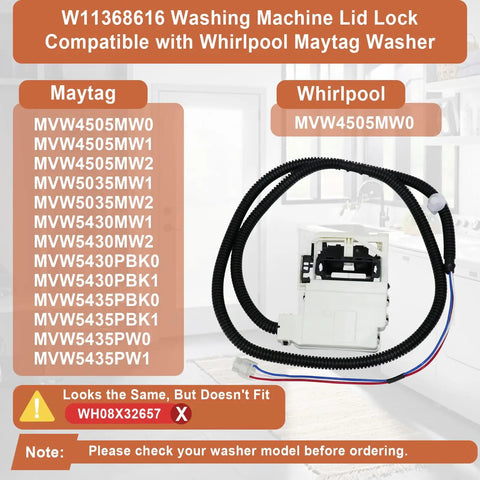 Washer lid lock latch assembly replacement for Whirlpool and Maytag Works With MVW4505MW0 MVW4505MW1 MVW4505MW2 MVW5035MW1 MVW5035MW2 MVW5430MW1 MVW5430MW2 MVW5430PBK0 MVW5430PBK1 MVW5435PBK0