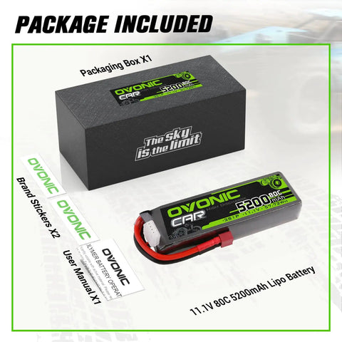 Beefy 5200mAh 11V 80C 3S RC LiPo Battery With T Connector packaging contents including box, stickers, and manual.