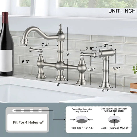8 Inch Centerset Bridge Kitchen Faucet With Brass Side Sprayer, Brushed Nickel Finish, Dual Handles, 4 Hole Deck Mount dimensions