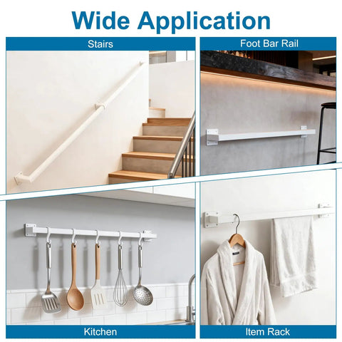 Rock Solid 5 Foot White Industrial Handrail Heavy Duty Galvanized Steel Railing Kit For Indoor And Outdoor Stairs shown in various applications.