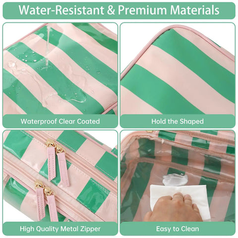 Must Have Waterproof Clear Coated Striped Makeup Bag Portable Cosmetic Organizer with Compartments in Pink Green showing features