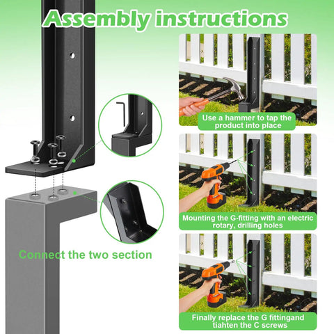 Assembly instructions for Eight Pack Heavy Duty Fence Post Repair Stakes Kit with images showing installation steps.