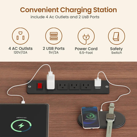 Power outlet with devices charging on Farmhouse L Shaped Electric Standing Desk Boss Level Height Adjustable Sit To Stand Setup