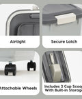Close-up of Portable 40Lb Pet Food Storage Bin With Wheels, Airtight Lid, Built In Scoop In Lid, BPA Free, Durable Gray