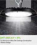 200W UFO LED High Bay Light With 26,000 Lm Output And 5000K Daylight, Wet Location IP65 Warehouse Fixture showing bright illumination